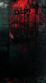 Bloodlit iron gate in a shadow-drenched industrial wall.