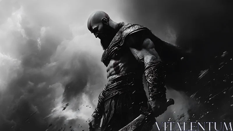 Monochrome warrior profile in storm cloud battlefield vignette