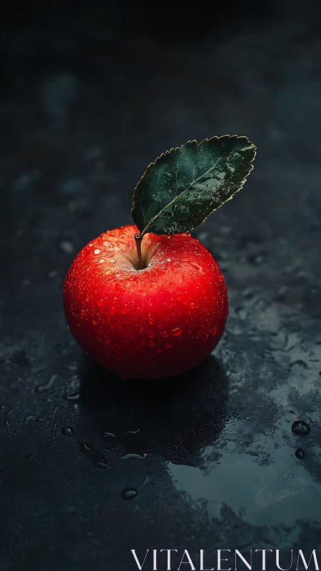 Red apple with water droplets rests on dark reflective surface