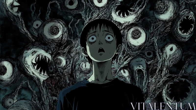 Terrified boy before writhing eldritch eyes and toothy maws