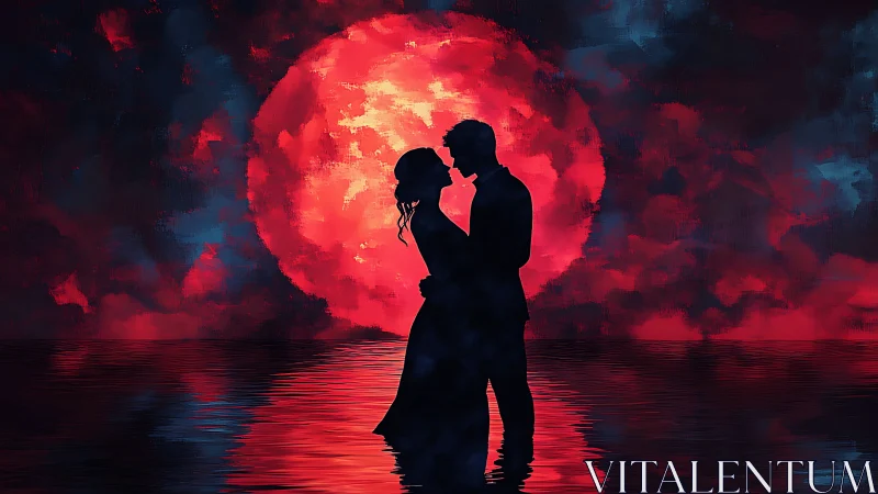 Silhouetted Embrace Against Incandescent Celestial Sphere.