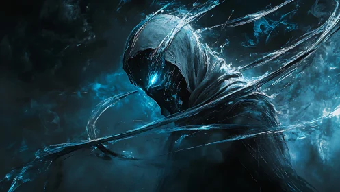 Mysterious hooded wraith wrapped in swirling blue starlight.