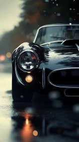 Rain-soaked classic roadster rendered with shallow depth of field