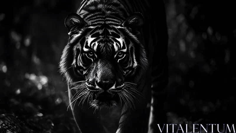 Tiger walks forward in high contrast monochrome lighting