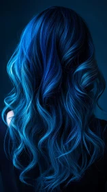 Curled blue hair from behind in dark monochrome lighting.