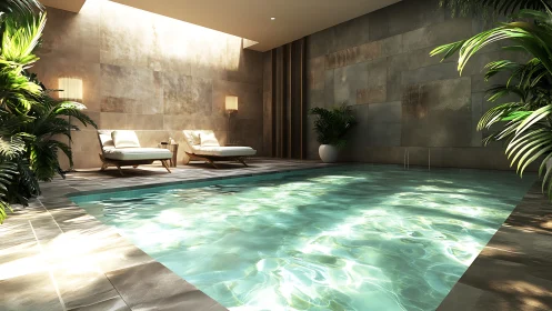 Sunlit indoor oasis pool with lush palms and quiet loungers.