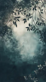 Whispered canopy over mistlit forest glade in hush.