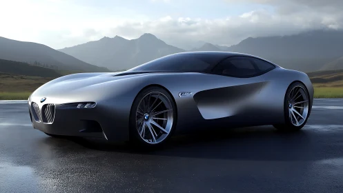 Storm-silver concept coupe prowls a misty mountain highway.