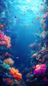 Radiant coral canyon with tropical fish in vivid blue sea.