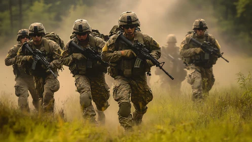 Soldiers charge through misty field in focused formation.