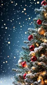Snowy Christmas tree glows with red and gold ornaments.