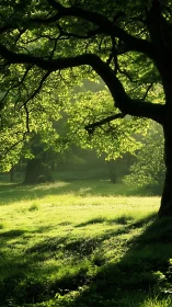 Backlit woodland canopy frames sunlit meadow in soft haze