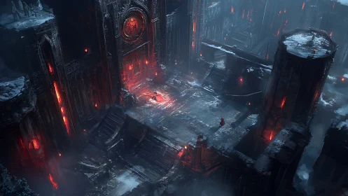 Frozen infernal fortress looms over lone red-cloaked wanderers