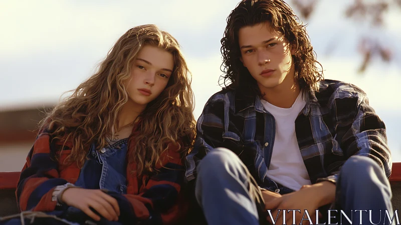 Teenagers sitting outdoors in casual plaid shirts. Period.