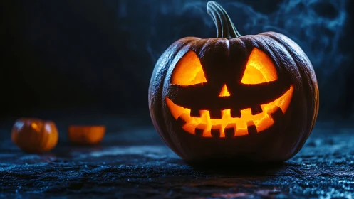 Photorealistic jack-o’-lantern with cinematic low-key lighting.
