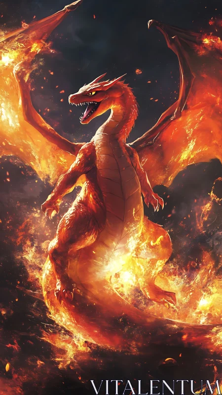Fire dragon erupts from swirling inferno with outstretched wings