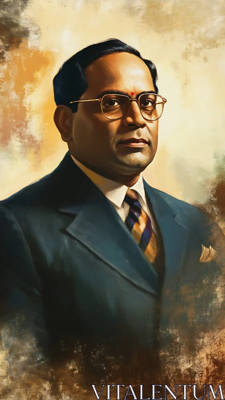 Oil portrait of dignified man in teal suit, textured bokeh field