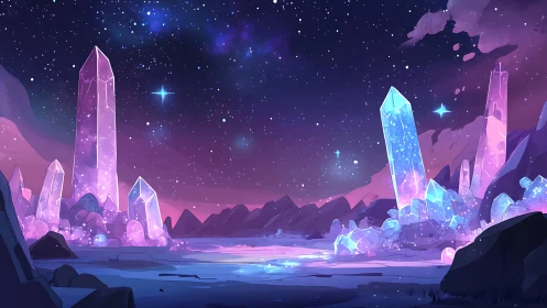 Shimmering crystal valley rests beneath a peaceful starry sky