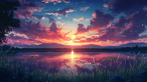 Sunset hush over a dreamy lakeside mirror of color.