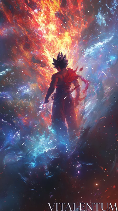 Backlit anime warrior in cosmic flame and nebula vortex field