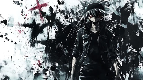 Monochrome rebel figure amid chaotic ink-splatter abstraction.