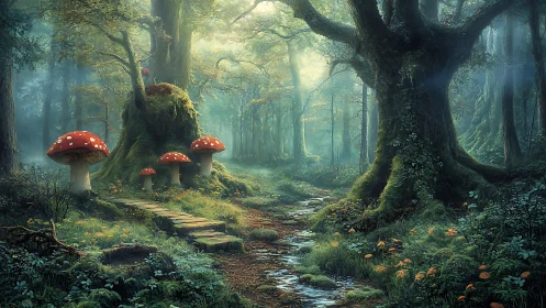 Ancient Forest Path with Red Mushrooms