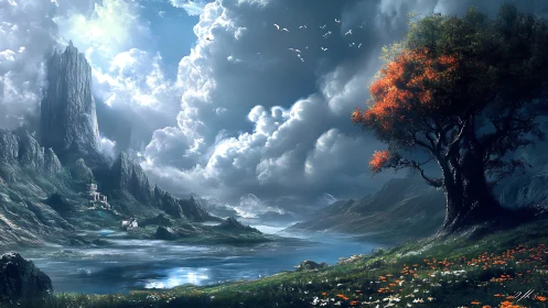 Enchanted lakeside valley beneath glowing stormlit clouds.