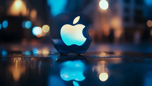 Illuminated apple-shaped icon reflects on wet urban surface