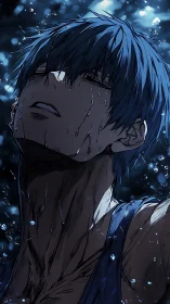 Hydraulic drenched portrait of blue haired anime swimmer.