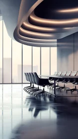 Minimalist Executive Conference Room with Sculptural Curved Ceiling Lighting.