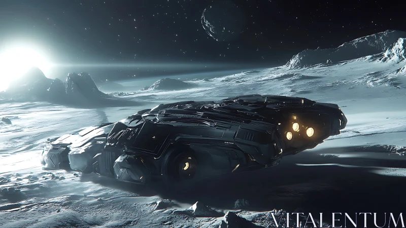 Futuristic starship lands on icy lunar plain in high detail