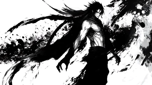 Inkstorm ronin rising from tidal waves of living shadow.