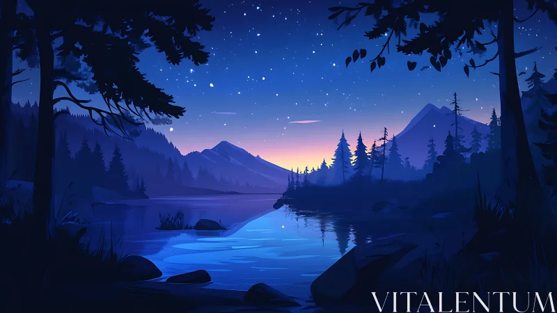 Calm starlit lake and pine forest at twilight landscape.
