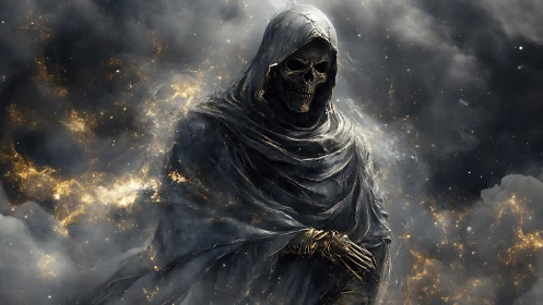 Hooded skeletal figure stands amid swirling dark particles