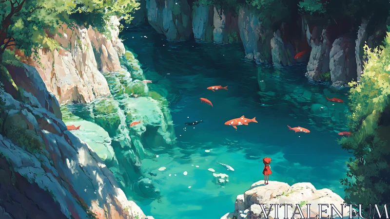 Solitary child gazes over a tranquil turquoise canyon pool
