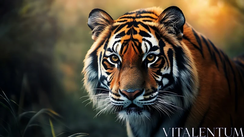 Sunlit jungle monarch stares through dusk’s glowing hush