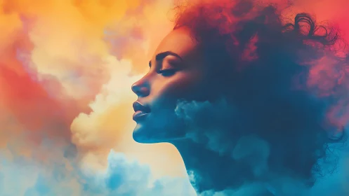 Side profile of woman blended with multicolored clouds.