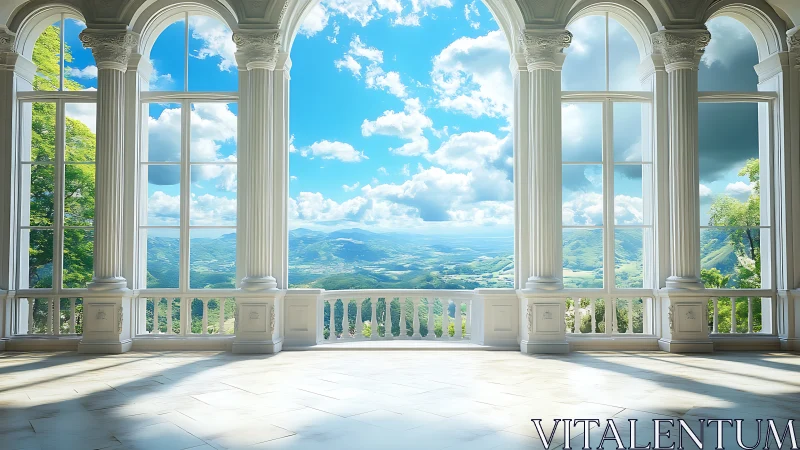 Grand columned gallery with panoramic mountain landscape view.