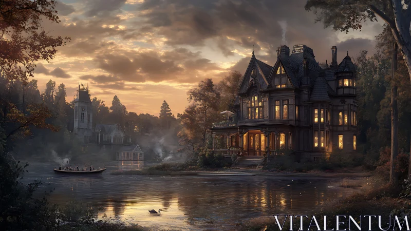 Lakeside manor aglow at dusk with gentle storybook warmth.