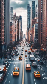 City avenue glows with orange taxis under towering skyscrapers
