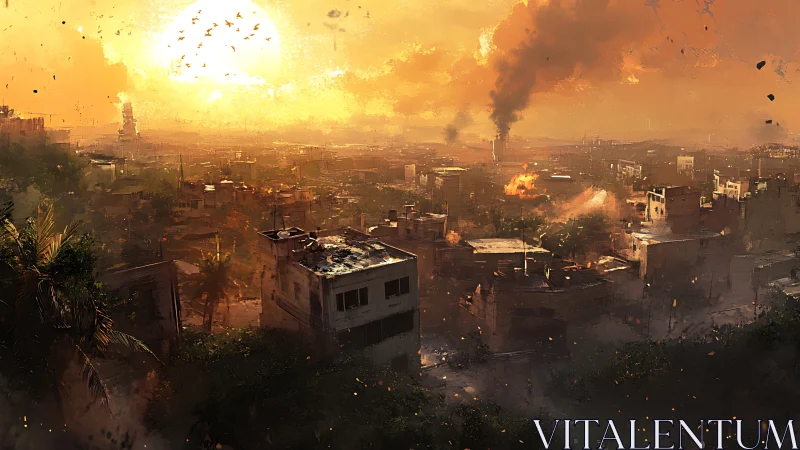 Burning city skyline glows under harsh polluted sunset