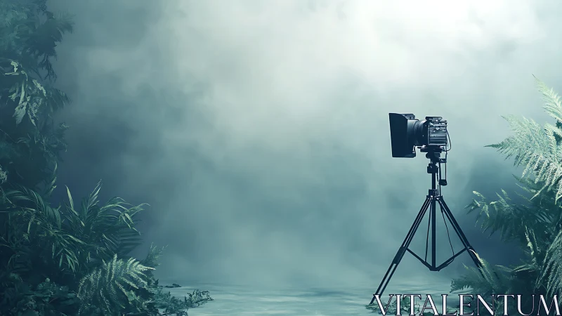 Studio camera waits in misty jungle set for cinematic shots