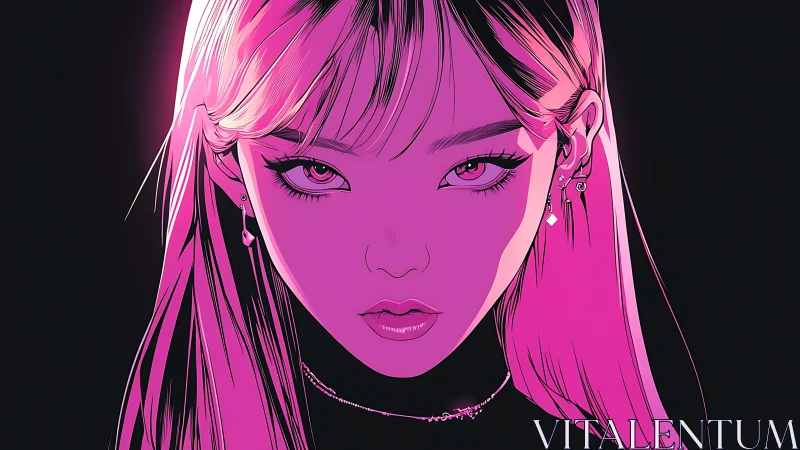 Neon pink illustrated portrait with intense direct gaze.