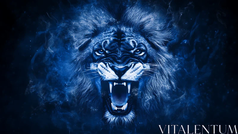 Midnight roar of a spectral blue lion crowned in smoke.