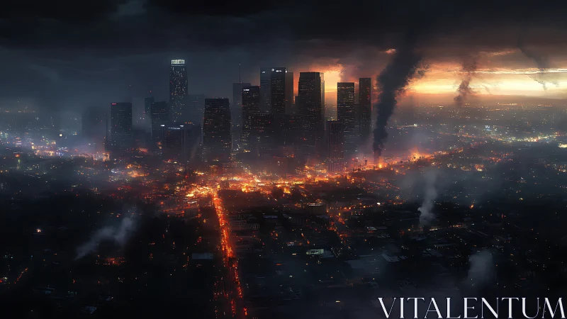 Smoldering futuristic city skyline under storm-torn dusk.