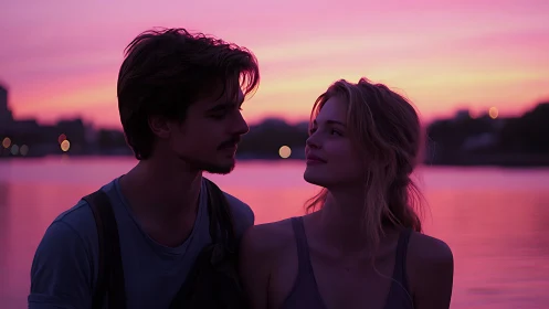 Two young adults facing each other at waterside during vibrant pink sunset