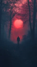 Cinematic digital painting of lone figure in crimson forest haze.