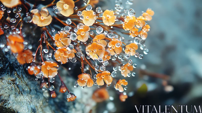 Small orange flowers hold spherical water droplets in focus