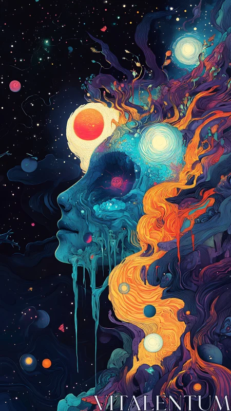 Surreal cosmic face dissolves into swirling nebulae and stars