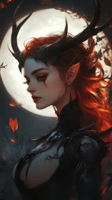 Horned moonlit sorceress in dark fantasy portrait.